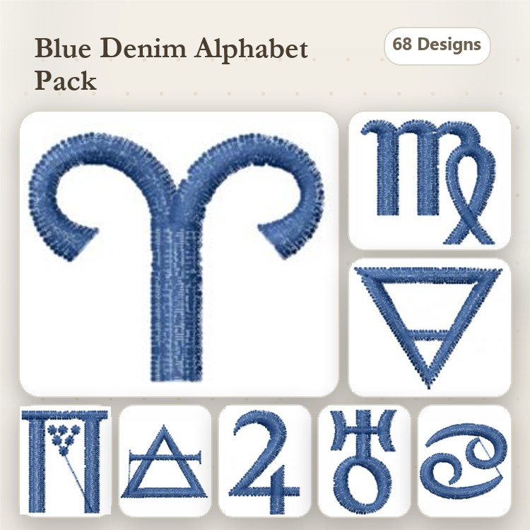Denim-Themed Alphabet Symbols Embroidery Designs Bundle – Aries, Virgo, Gemini & More (68 Designs)
