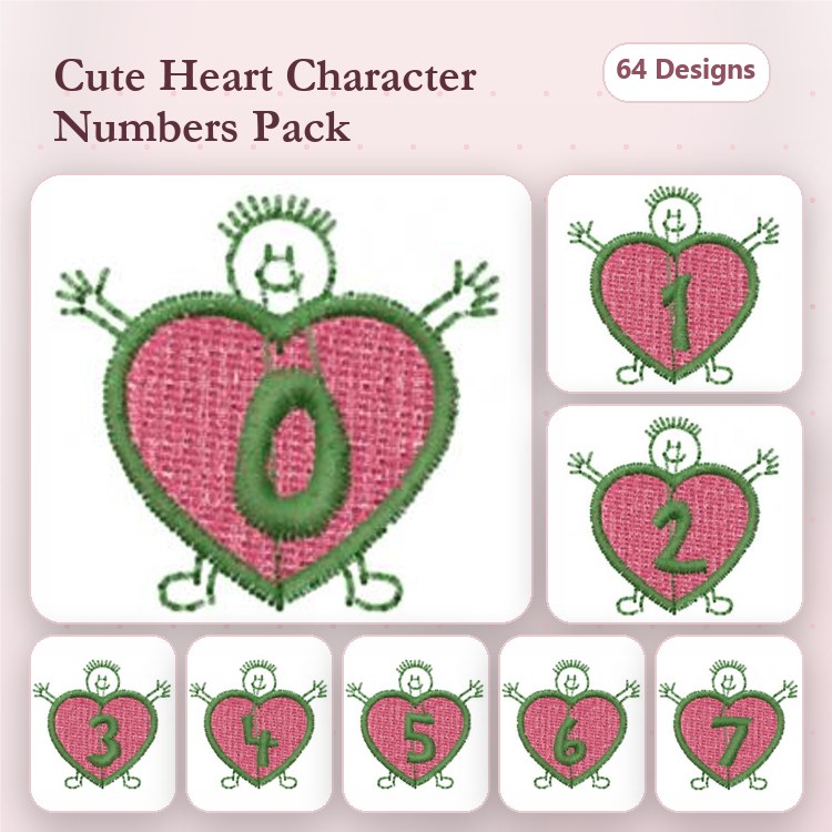 Heart Characters with Numbers Embroidery Designs Bundle – Heart Character with 0, Heart Character with 1, Heart Character with 2 & More (64 Designs)