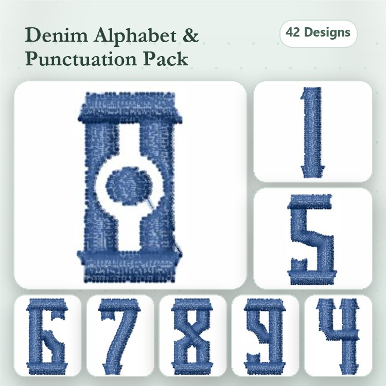 Denim Alphabet & Punctuation Embroidery Bundle – Denim Letter A, Denim Letter B, Denim Number 1 & More (42 Designs)