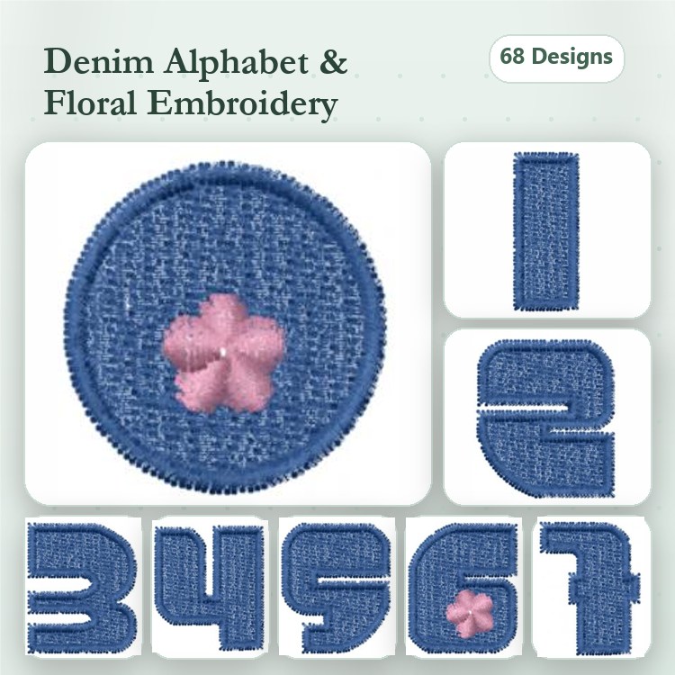 Denim Alphabet and Floral Embroidery Bundle – Denim Circle with Flower, Denim Numbers & More (68 Designs)