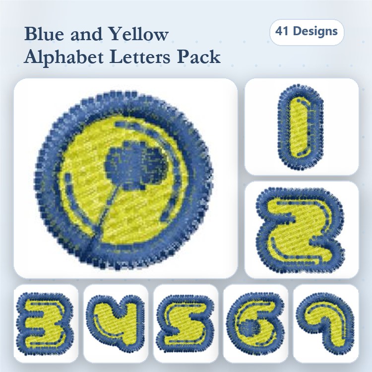 Applique Blue and Yellow Alphabet Letters Embroidery Designs Bundle – Circular Letters A-Z, Numbers 0-9 & More (41 Designs)