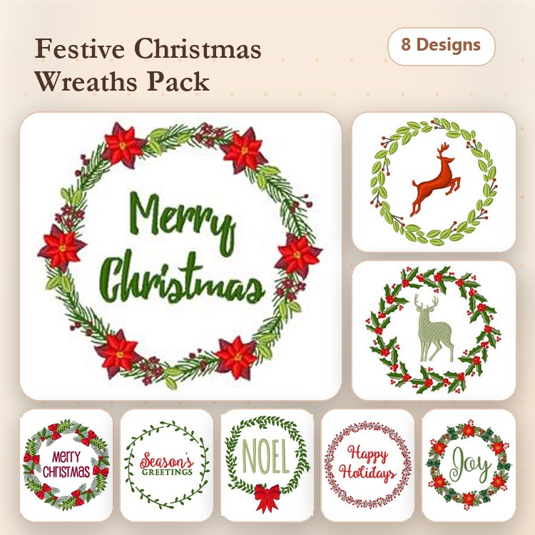 Christmas Wreath Embroidery Designs Bundle – Merry Christmas, Reindeer, Joy & More (8 Designs)