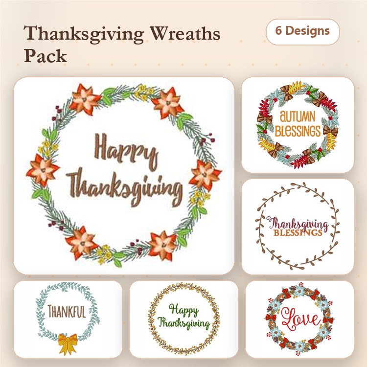 Thanksgiving Wreaths Embroidery Designs Bundle – Happy Thanksgiving, Thankful, Autumn Blessings & More (6 Designs)