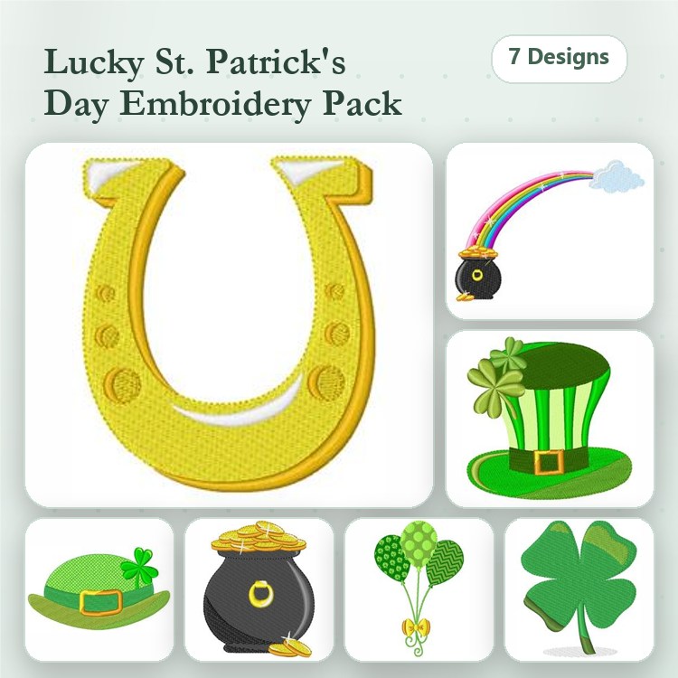 St. Patrick's Day Embroidery Designs Bundle – Horseshoe, Pot of Gold, St. Patrick's Day Hat & More (7 Designs)
