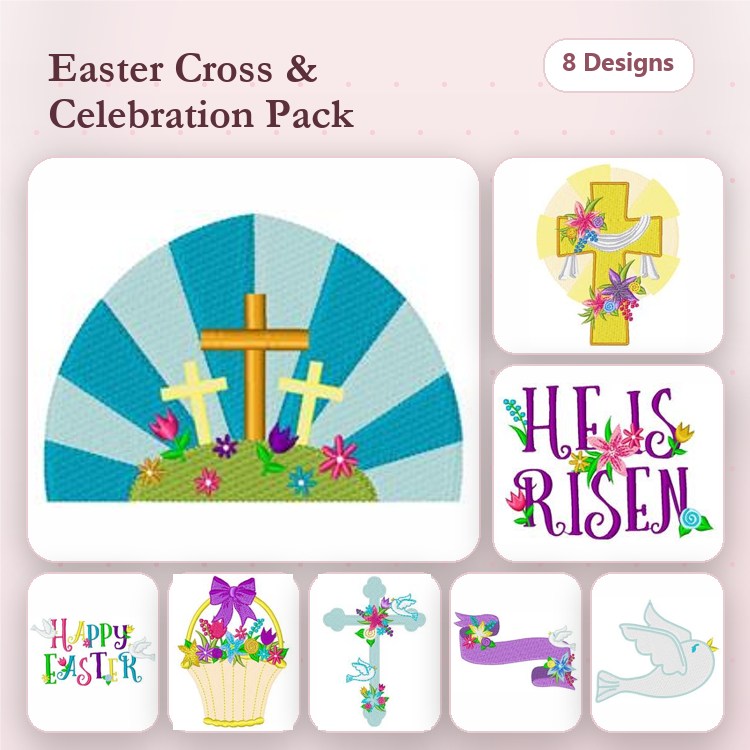 Easter Celebration Embroidery Designs Bundle – Easter Cross with Flowers, He is Risen, Happy Easter & More (8 Designs)