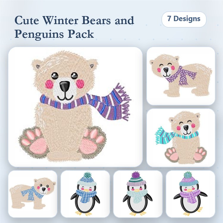 Cute Winter Bears & Penguins Embroidery Designs Bundle – Polar Bear with Scarf, Penguin with Hat & More (7 Designs)