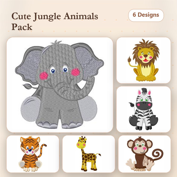 Cute Jungle Animals Embroidery Designs Bundle – Elephant, Lion, Zebra, & More (6 Designs)