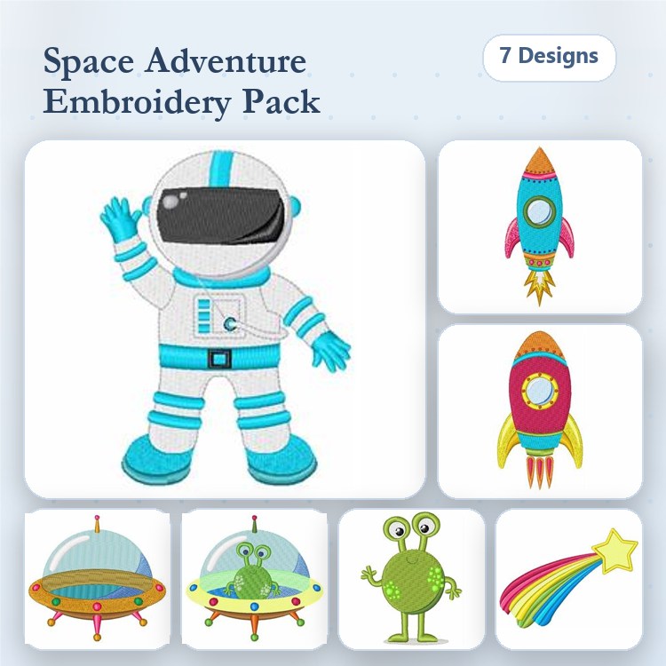Space-Themed Embroidery Designs Bundle – Astronaut, Rocket, UFO, Alien & More (7 Designs)