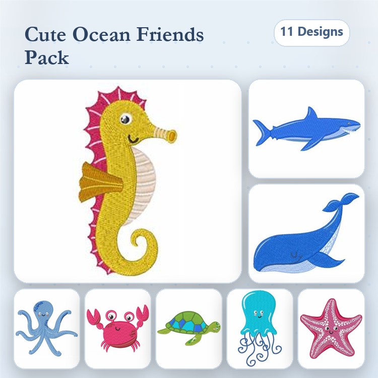 Ocean Animals Embroidery Designs Bundle – Seahorse, Shark, Whale, Octopus & More (11 Designs)