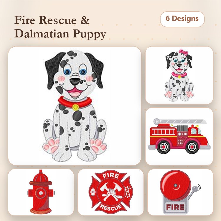 Dalmatian Puppy & Fire Truck Embroidery Bundle – Fun Designs (6 Designs)