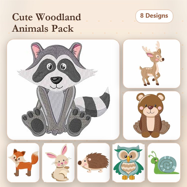Woodland Animals Embroidery Bundle – Raccoon, Deer, Bear, Fox & More (8 Designs)