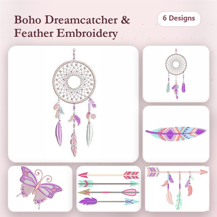 Dreamcatcher & Butterfly Embroidery Designs Bundle – Dreamcatcher with Feathers, Butterfly, Arrows & More (6 Designs)