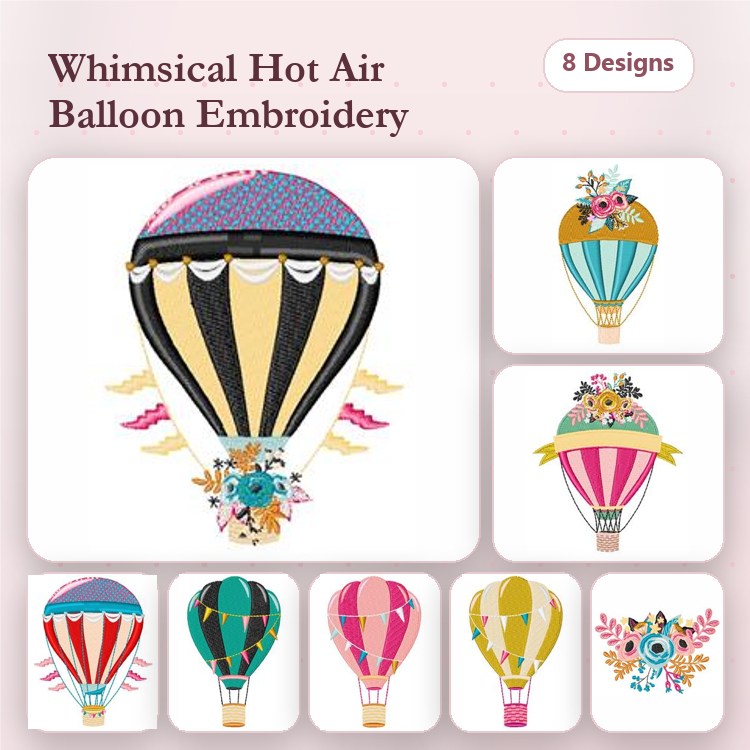 Hot Air Balloon Embroidery Designs Bundle – Floral Balloon, Black & Gold Balloon, Striped Balloon & More (8 Designs)