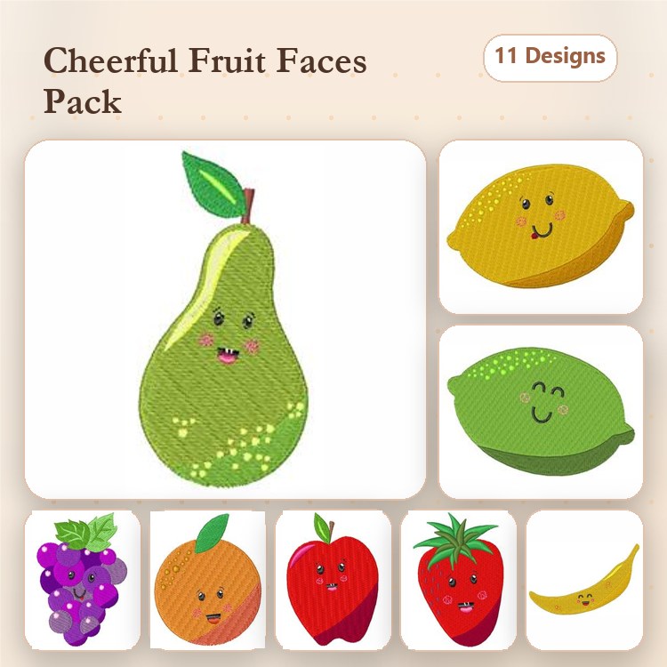 Cheerful Fruit Characters Embroidery Designs Bundle – Smiling Pear, Happy Lemon, Grinning Grapes & More (11 Designs)