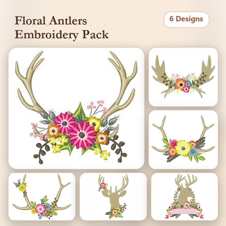 Floral Antlers Embroidery Designs Bundle – Antler with Flowers, Antlers with Pink Flowers, Antlers with Colorful Flowers & More (6 Designs)