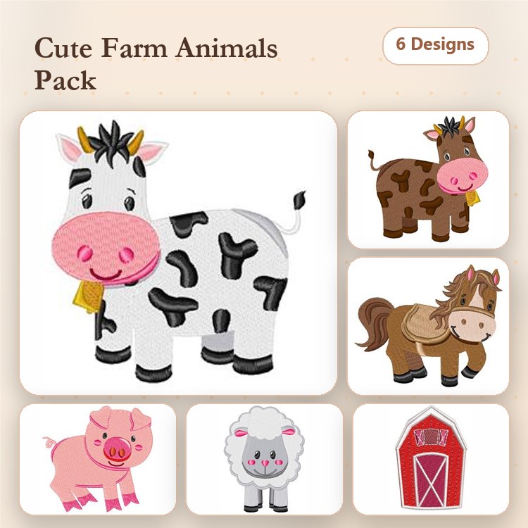 Farm Animal Embroidery Bundle – Cow with Bell, Brown Cow, Pig & More (6 Designs)