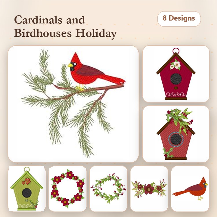 Cardinals & Birdhouses Embroidery Bundle – Pine Branch, Wreath, Holly & More (8 Designs)