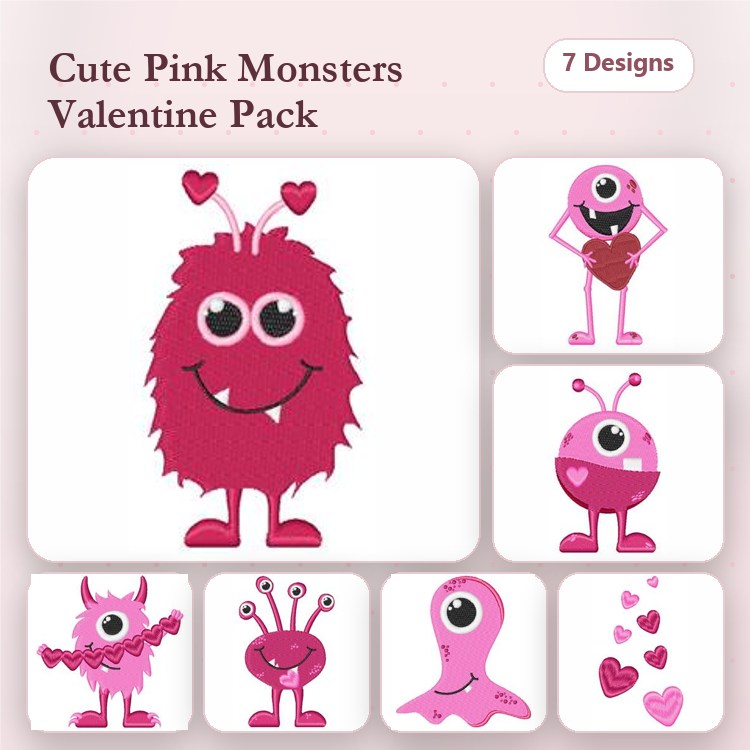 Cute Pink Monster Embroidery Designs Bundle – Cute Pink Monster with Hearts, Monster Holding Chocolate, Happy Pink Monster & More (7 Designs)