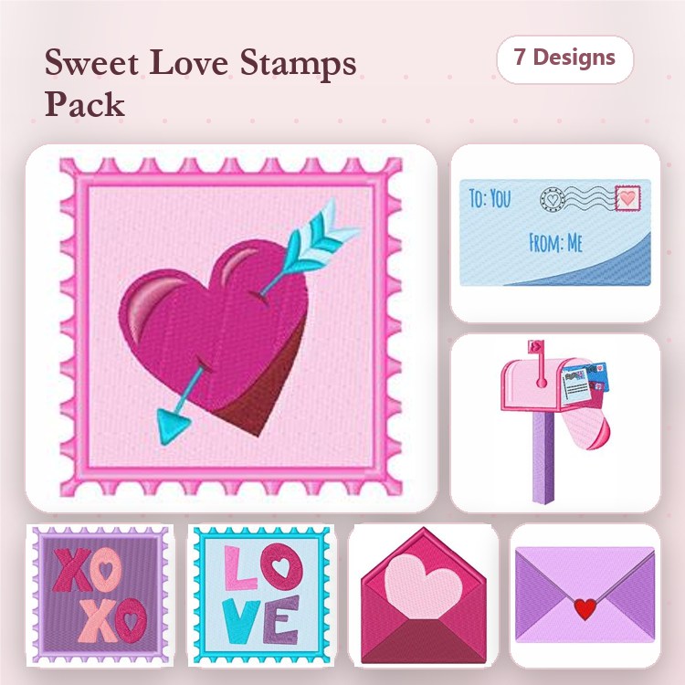 Love and Stamps Embroidery Designs Bundle – Heart Stamp with Arrow, XOXO Stamp, Message Stamp & More (7 Designs)