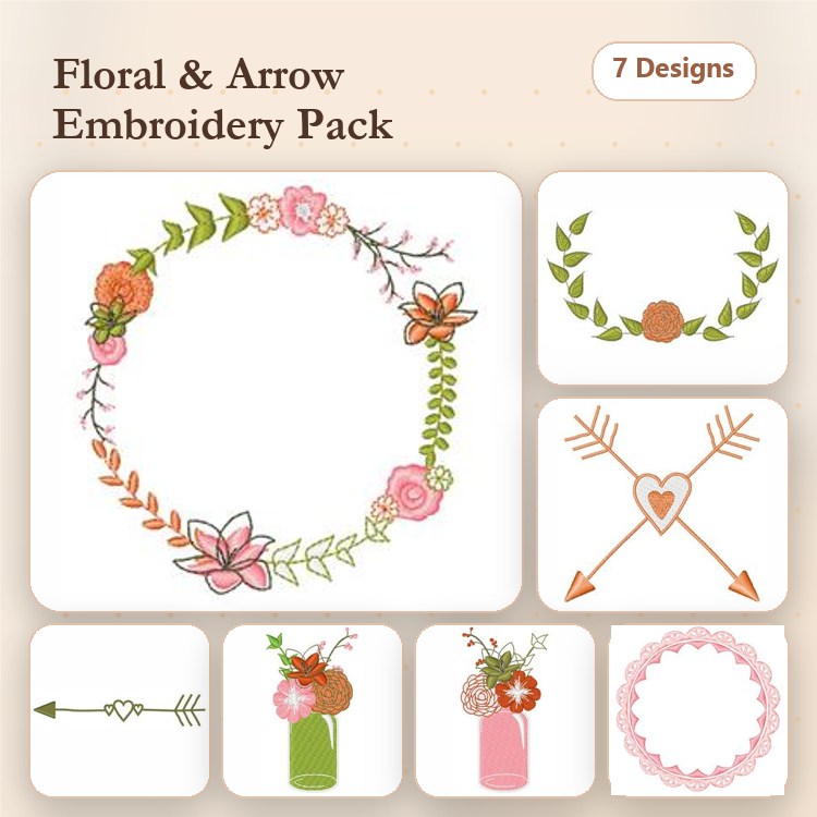 Floral and Arrow Embroidery Designs Bundle – Floral Wreath, Arrow with Heart, Floral Jar & More (7 Designs)