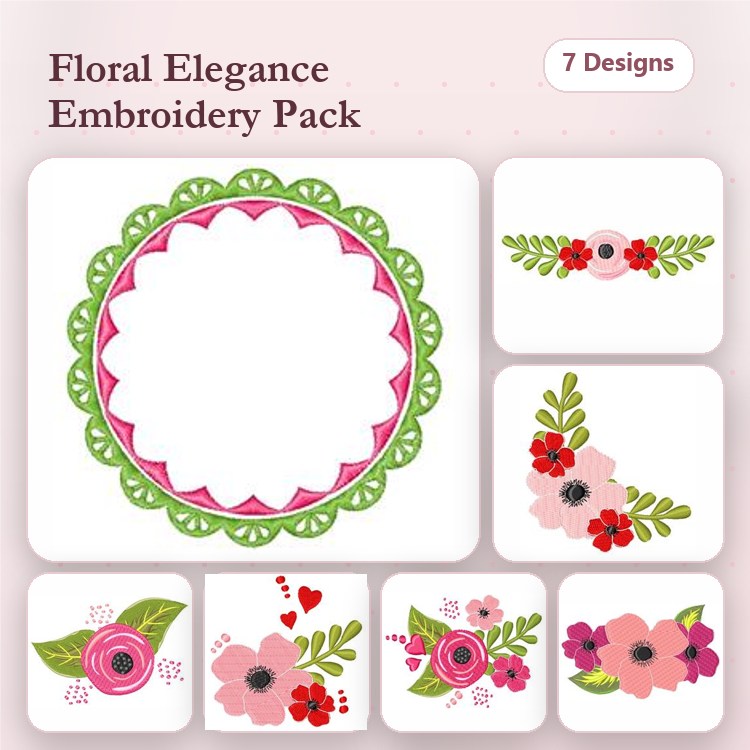 Floral Embroidery Bundle – Floral Frame, Flower Border, Pink Floral Spray & More (7 Designs)