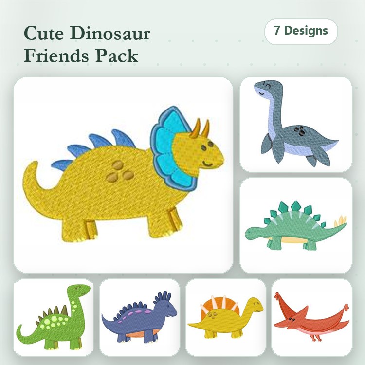 Cute Dinosaur Friends Embroidery Bundle – Triceratops, Brachiosaurus, Stegosaurus, Tyrannosaurus Rex & More (7 Designs)