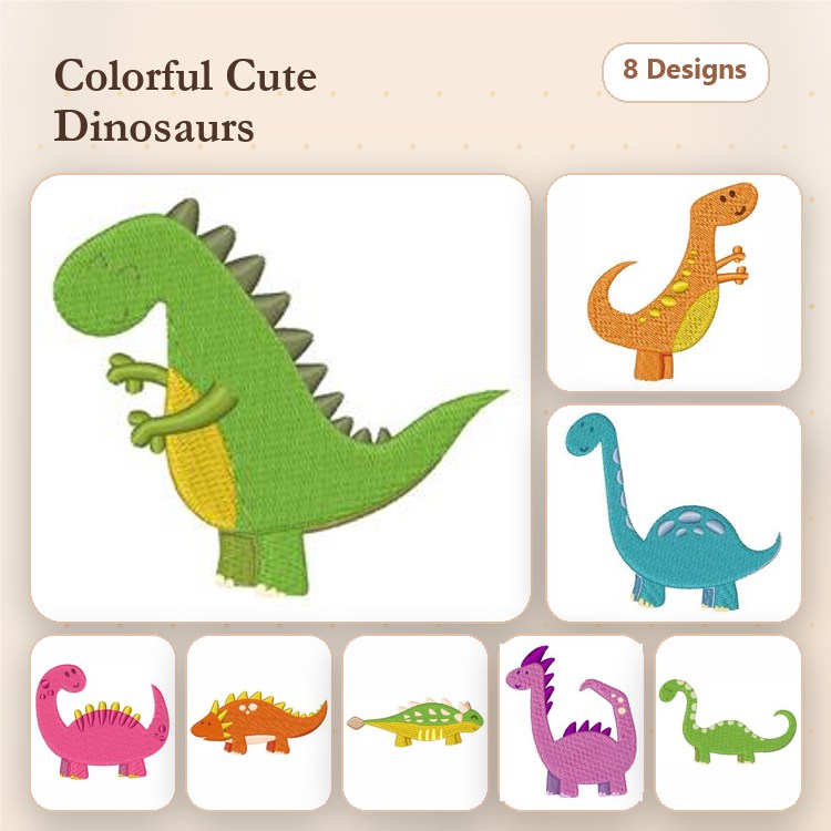 Colorful Cute Dinosaurs Embroidery Designs Bundle – Green Dinosaur, Orange Dinosaur, Blue Brontosaurus & More (8 Designs)