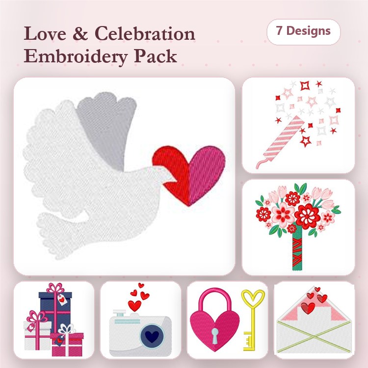 Love & Celebration Embroidery Designs Bundle – Dove with Heart, Flower Bouquet, Gift Box & More (7 Designs)