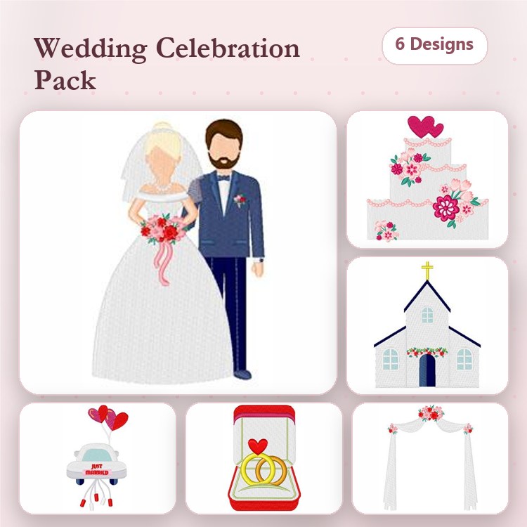 Wedding Celebration Embroidery Designs Bundle – Bride and Groom, Wedding Cake, Church with Flowers & More (6 Designs)
