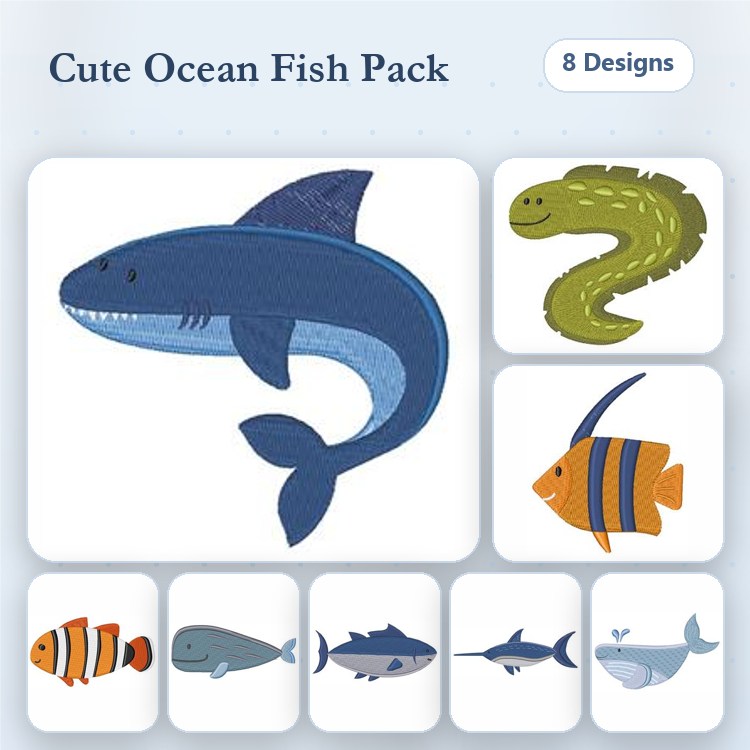 Cute Ocean Fish Embroidery Designs Bundle – Shark, Eel, Clownfish, Blue Tang & More (8 Designs)