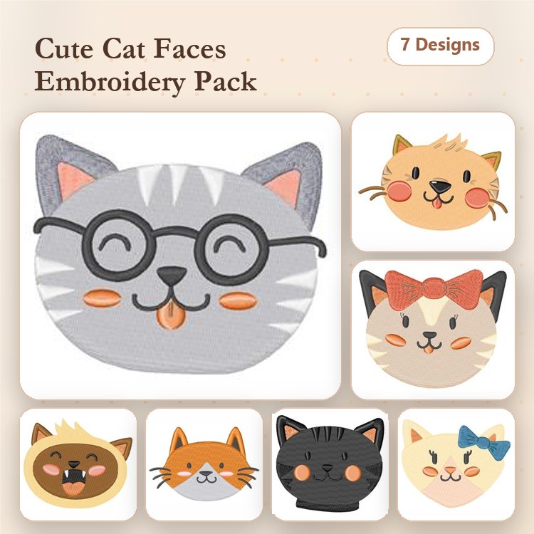 Cute Cat Faces Embroidery Designs Bundle – Gray Cat with Glasses, Cream Cat with Smiling Face, Orange Cat with Whiskers & More (7 Designs)