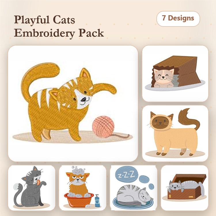 Playful Cats Embroidery Designs Bundle – Orange Cat with Yarn, Cat in Box, Siamese Cat & More (7 Designs)