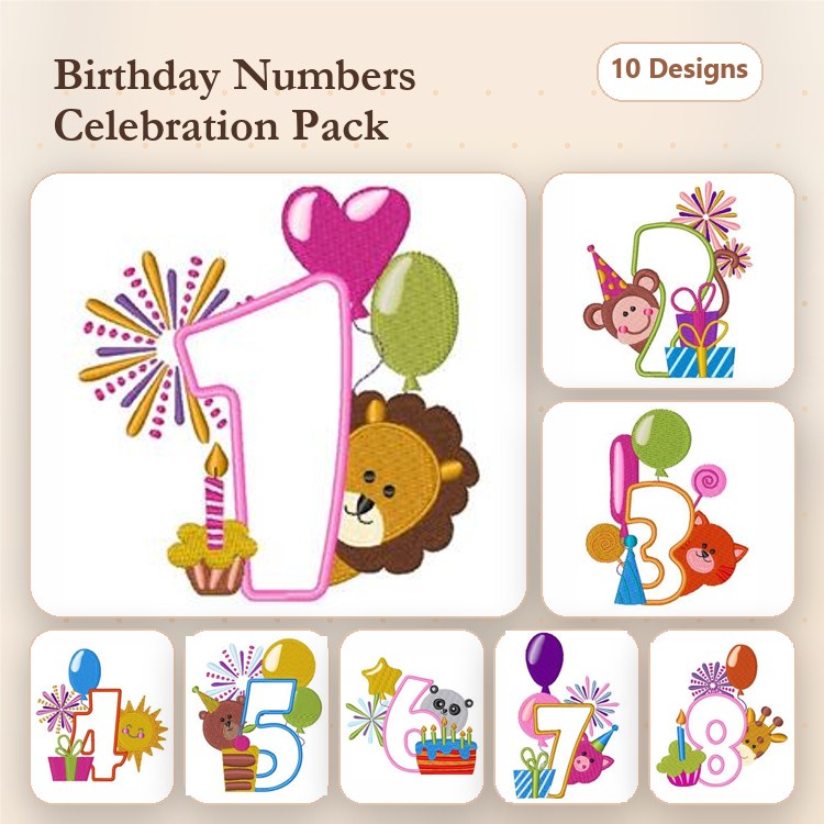 Applique Birthday Numbers Embroidery Bundle – Number 1 with Balloons and Cake, Number 2 with Monkey, & More (10 Designs)