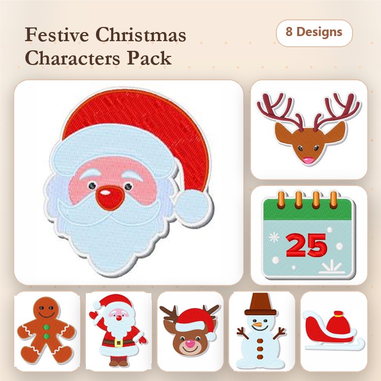 Applique Festive Christmas Characters Embroidery Designs Bundle – Santa Claus, Reindeer, Snowman & More (8 Designs)