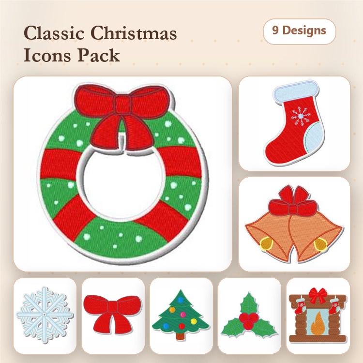 Applique Christmas Icons Embroidery Designs Bundle – Wreath, Stocking, Bells & More (9 Designs)