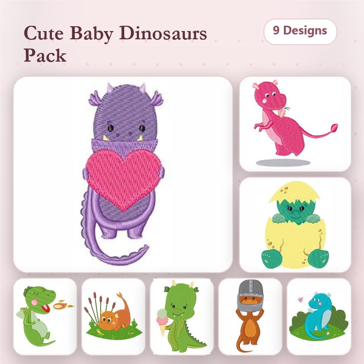 Cute Baby Dinosaurs Embroidery Designs Bundle – Purple Dinosaur with Heart, Pink Dinosaur, Dinosaur with Flowers & More (9 Designs)