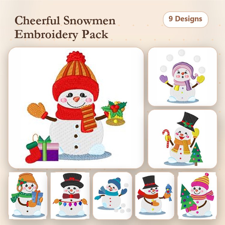 Cheerful Snowmen Embroidery Designs Bundle – Snowman with Gifts, Snowman with Hat, & More (9 Designs)