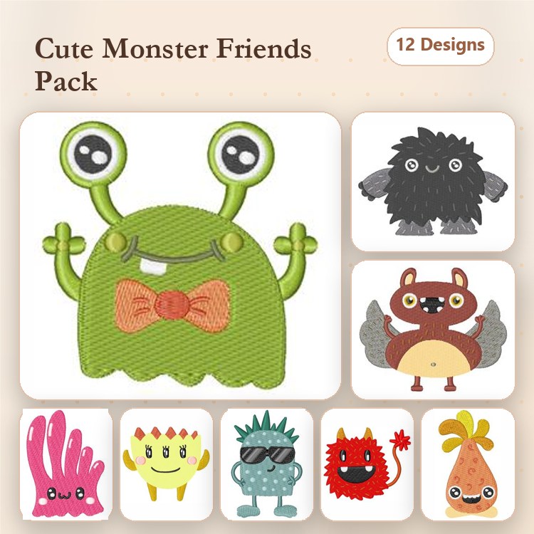 Cute Monster Characters Embroidery Designs Bundle – Green Monster with Bow Tie, Fluffy Black Monster, Silly Pink Monster & More (12 Designs)