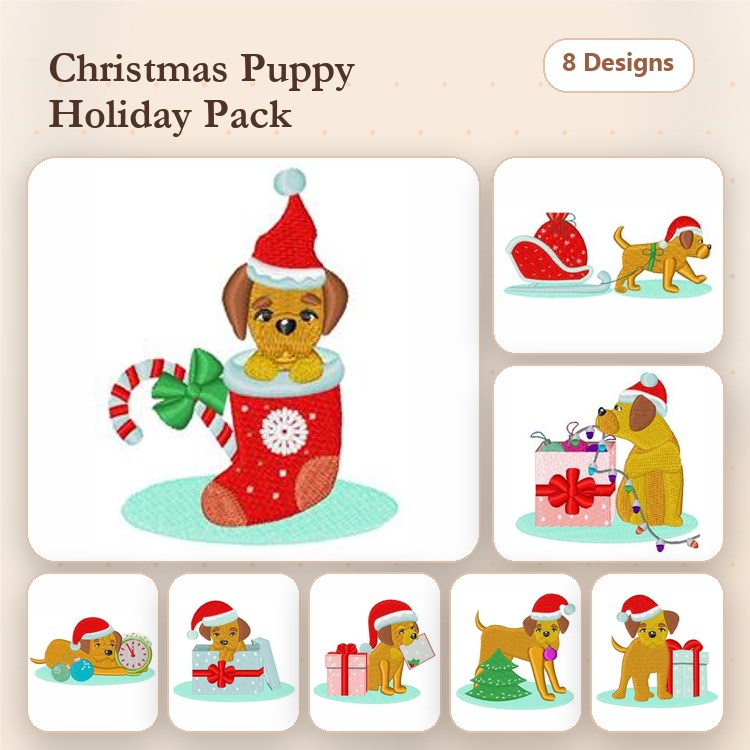 Christmas Puppy Embroidery Bundle – Festive Dog Designs (8 Designs)