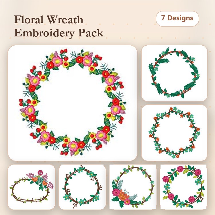 Floral Wreath Embroidery Designs Bundle – Pink, Red, Green Leaves & More (7 Designs)