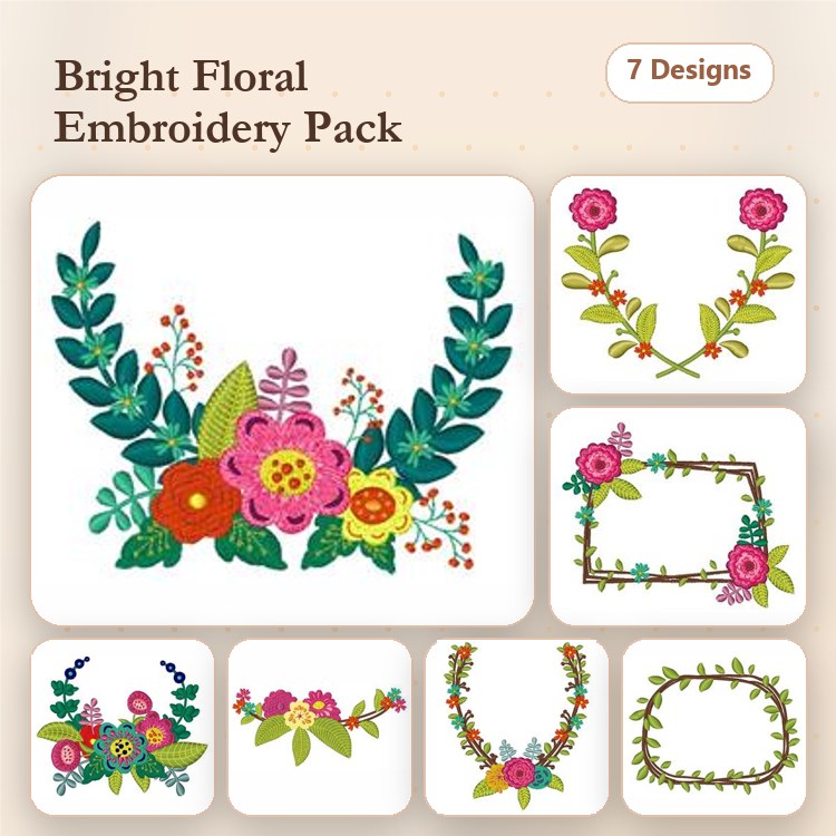 Floral Embroidery Designs Bundle – Floral Wreath, Flower Basket, Vine with Flowers & More (7 Designs)