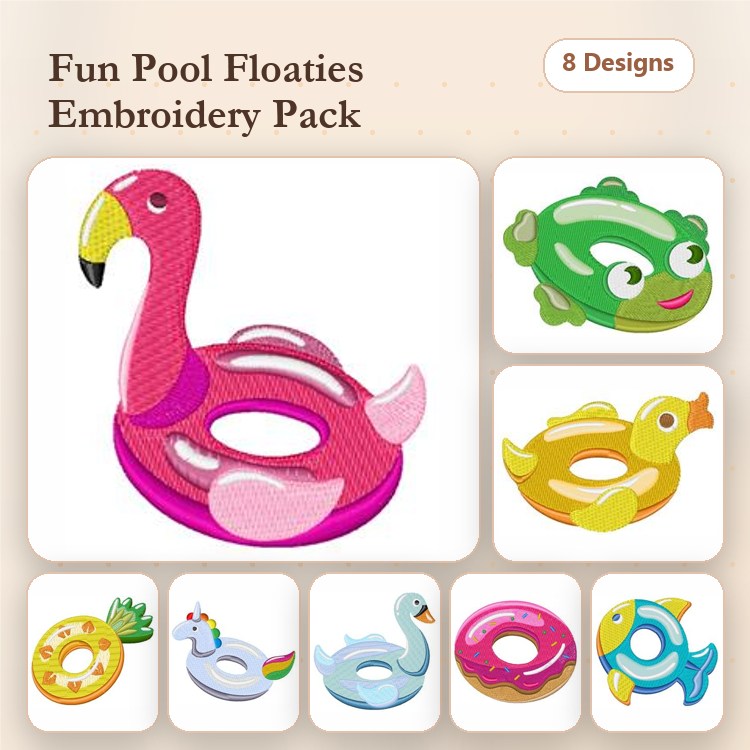 Fun Pool Floaties Embroidery Designs Bundle – Flamingo, Turtle, Chick, & More (8 Designs)