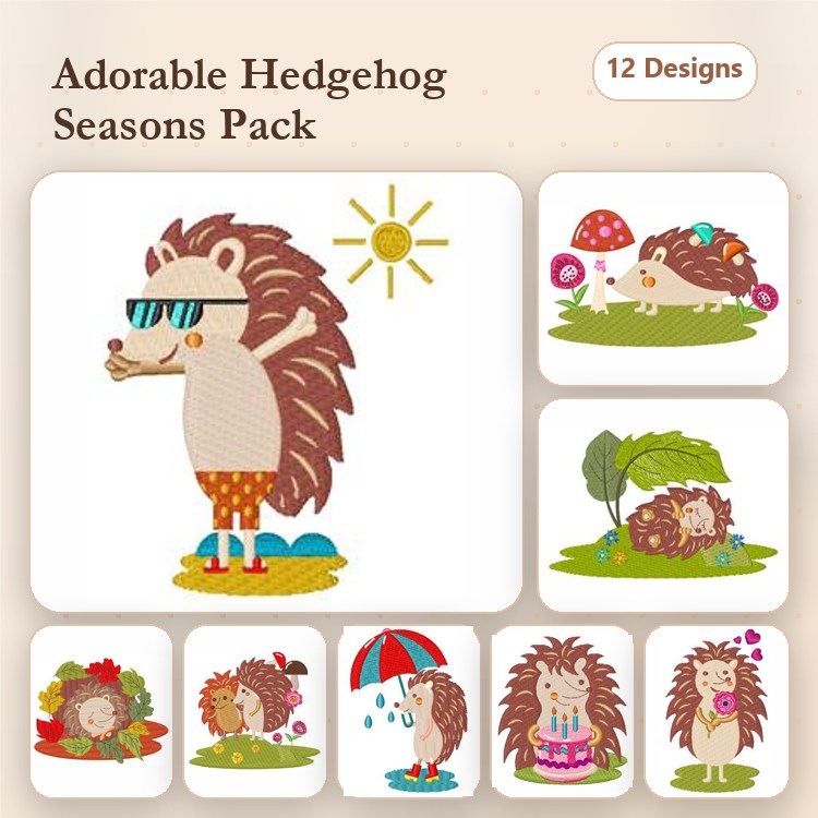 Adorable Hedgehogs Embroidery Designs Bundle – Hedgehog in Sunglasses, Hedgehog with Flowers, & More (12 Designs)