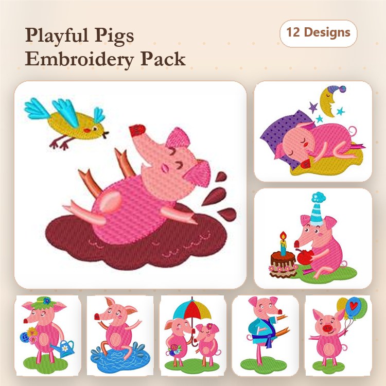 Farm Animal Embroidery Designs Bundle – Pig with Bird, Pig in Mud, Sleeping Pig & More (12 Designs)