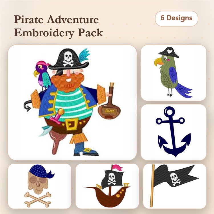 Pirate Adventure Embroidery Designs Bundle – Pirate Captain, Parrot, Anchor & More (6 Designs)