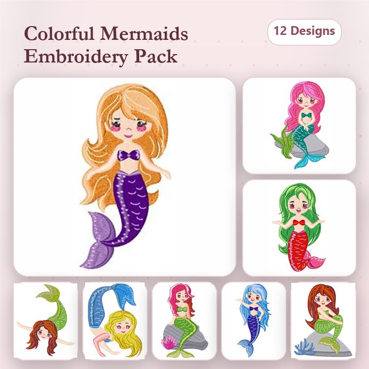 Colorful Mermaids Embroidery Designs Bundle – Mermaid with Blonde Hair, Pink Hair, Green Hair & More (12 Designs)