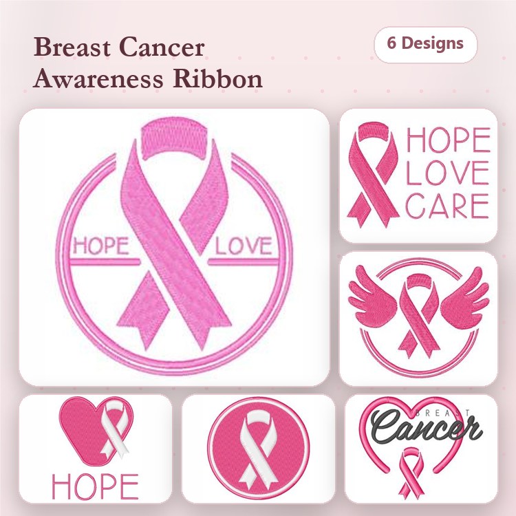 Breast Cancer Awareness Embroidery Designs Bundle – Hope & Love Ribbons, Angels with Ribbon & More (6 Designs)
