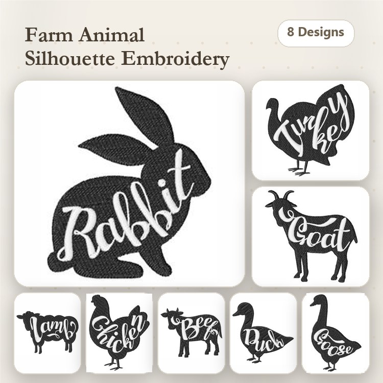 Farm Animal Silhouettes Embroidery Bundle – Rabbit, Turkey, Goat, Lamb & More (8 Designs)