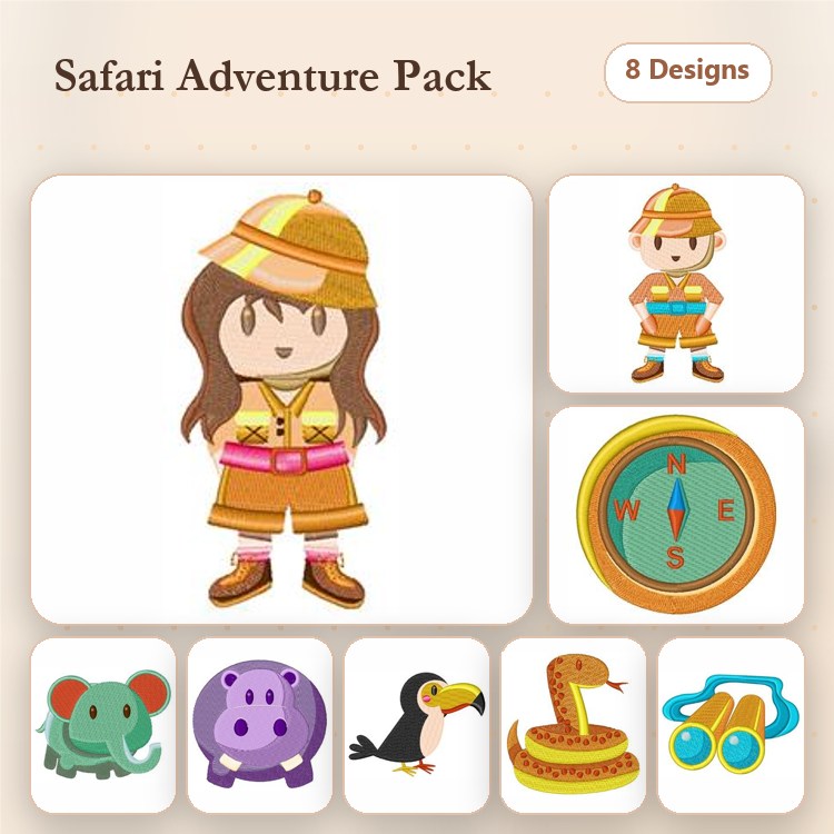 Safari Adventure Embroidery Designs Bundle – Safari Girl, Elephant, Toucan & More (8 Designs)