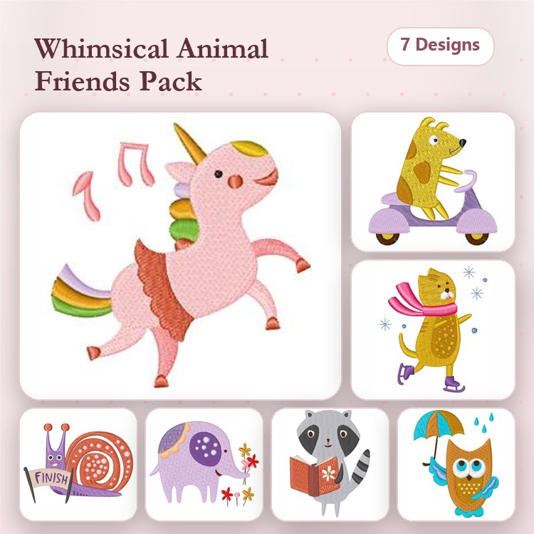Unicorn, Dog, Cat & Snail Embroidery Bundle – Fun Animal Designs (7 Designs)